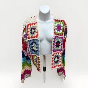 Elan Crochet Granny Square Cardigan Womens M Open Front Boho Festival NWT